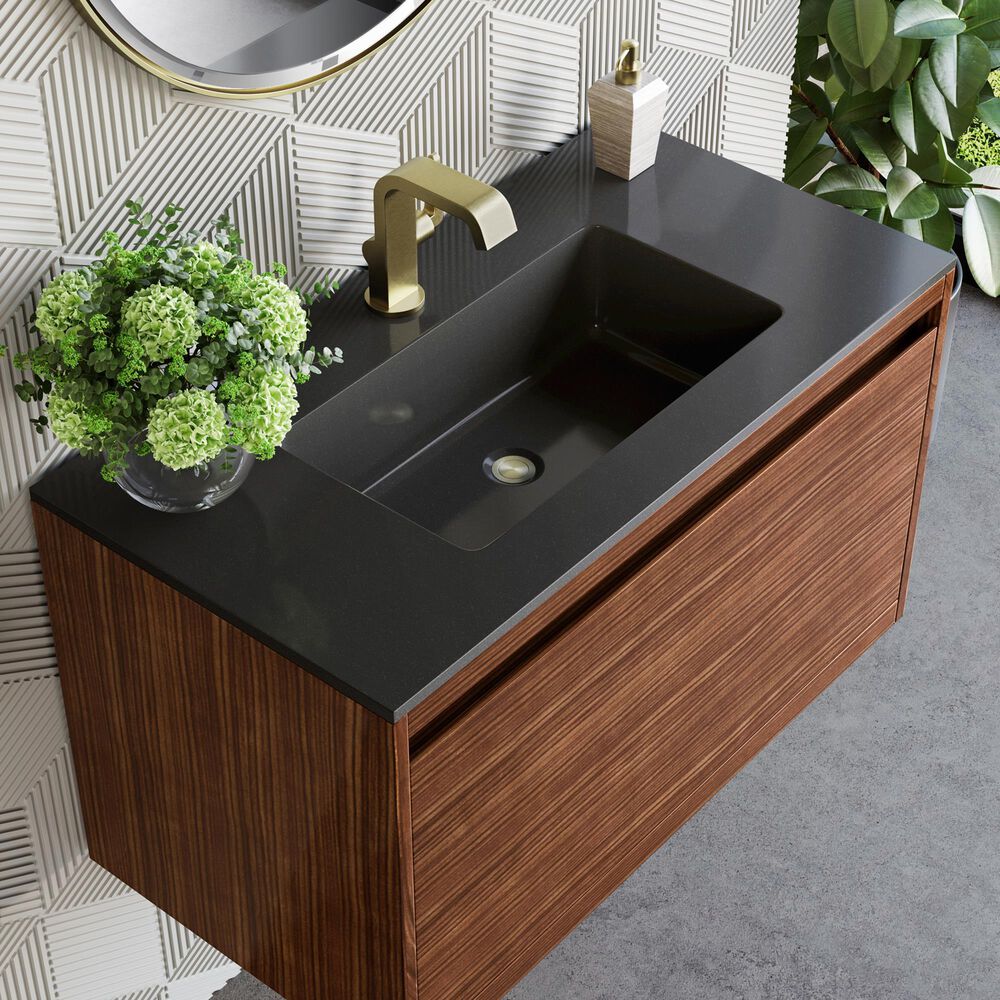 James Martin Vanities Mantova 35.4&quot; Single Vanity in Mid-Century Walnut and Champagne Brass with 3 cm Charcoal Black Composite Stone Top and Rectangular Sink, , large