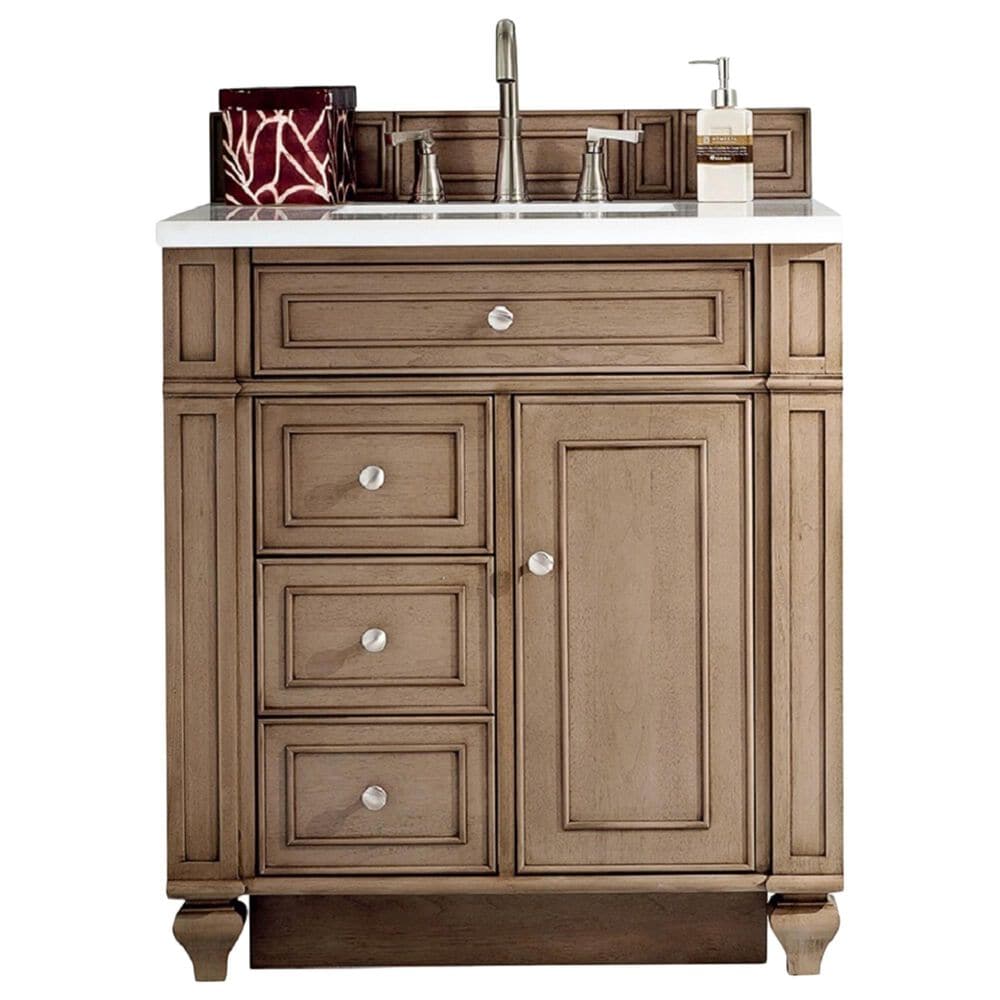 James Martin Vanities Bristol 30" Single Bathroom Vanity in Whitewashed Walnut with 3 cm Eternal Jasmine Pearl Quartz Top and Rectangle Sink, , large