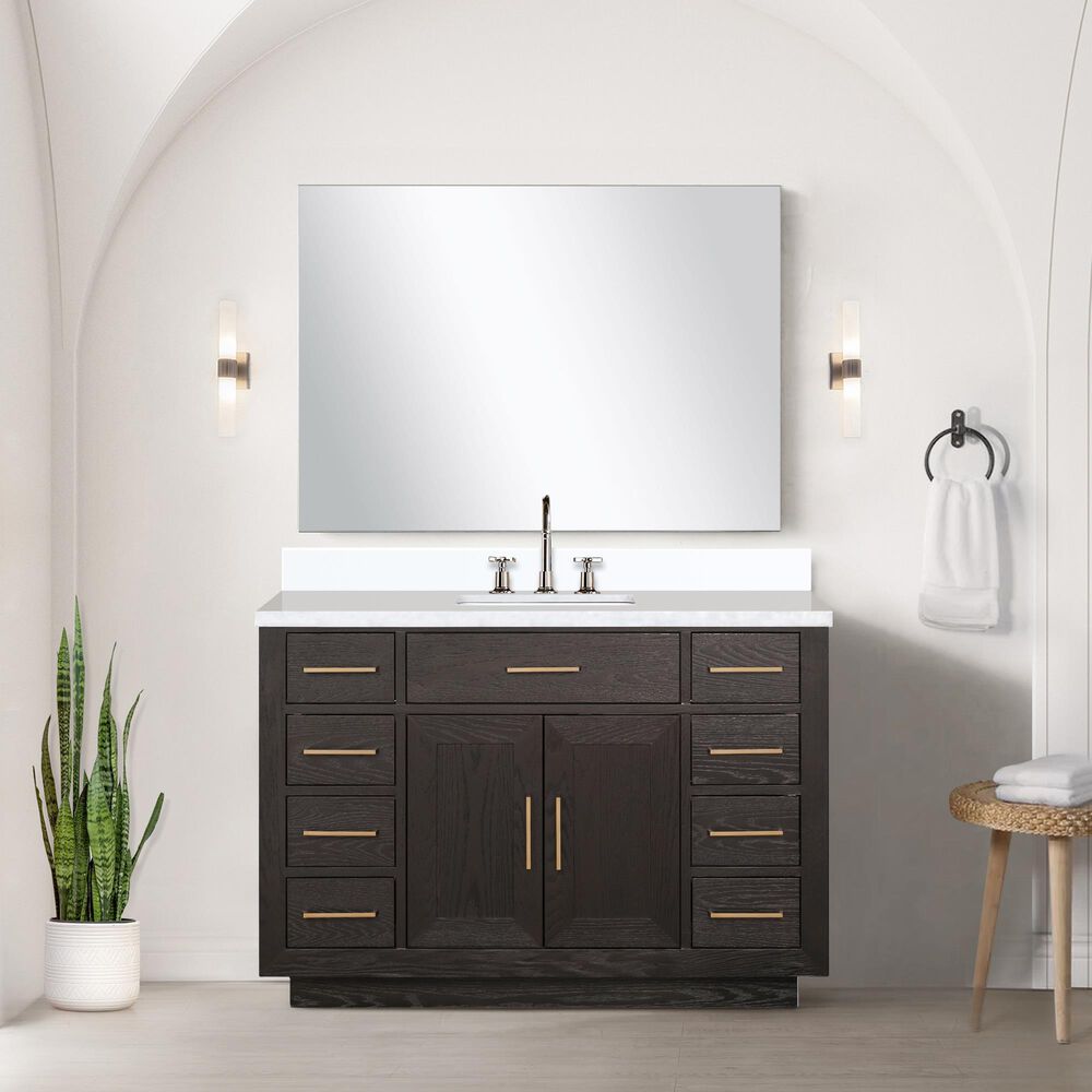 Lexora Home Abbey 48&quot; Single Bathroom Vanity in Brown Oak with 2 cm White Cultured Marble Top and Rectangular Sink, , large