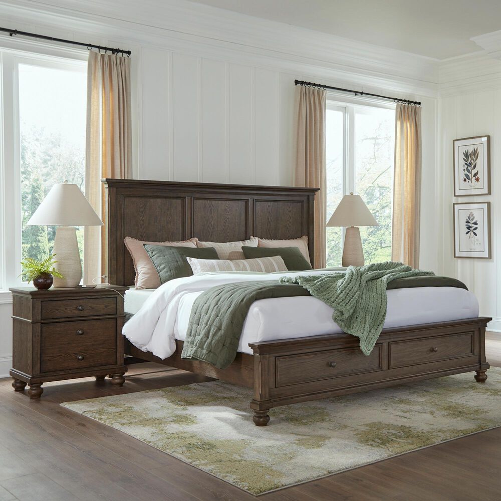 Riva Ridge Oxford California King Panel Storage Bed with Two Nightstands in Cocoa with AC Outlets and USB Ports, , large