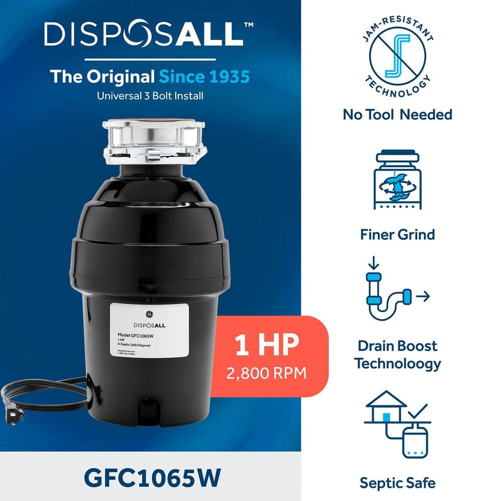 GE Appliances 1 HP Continuous Feed Corded Garbage Disposal in Black, , large