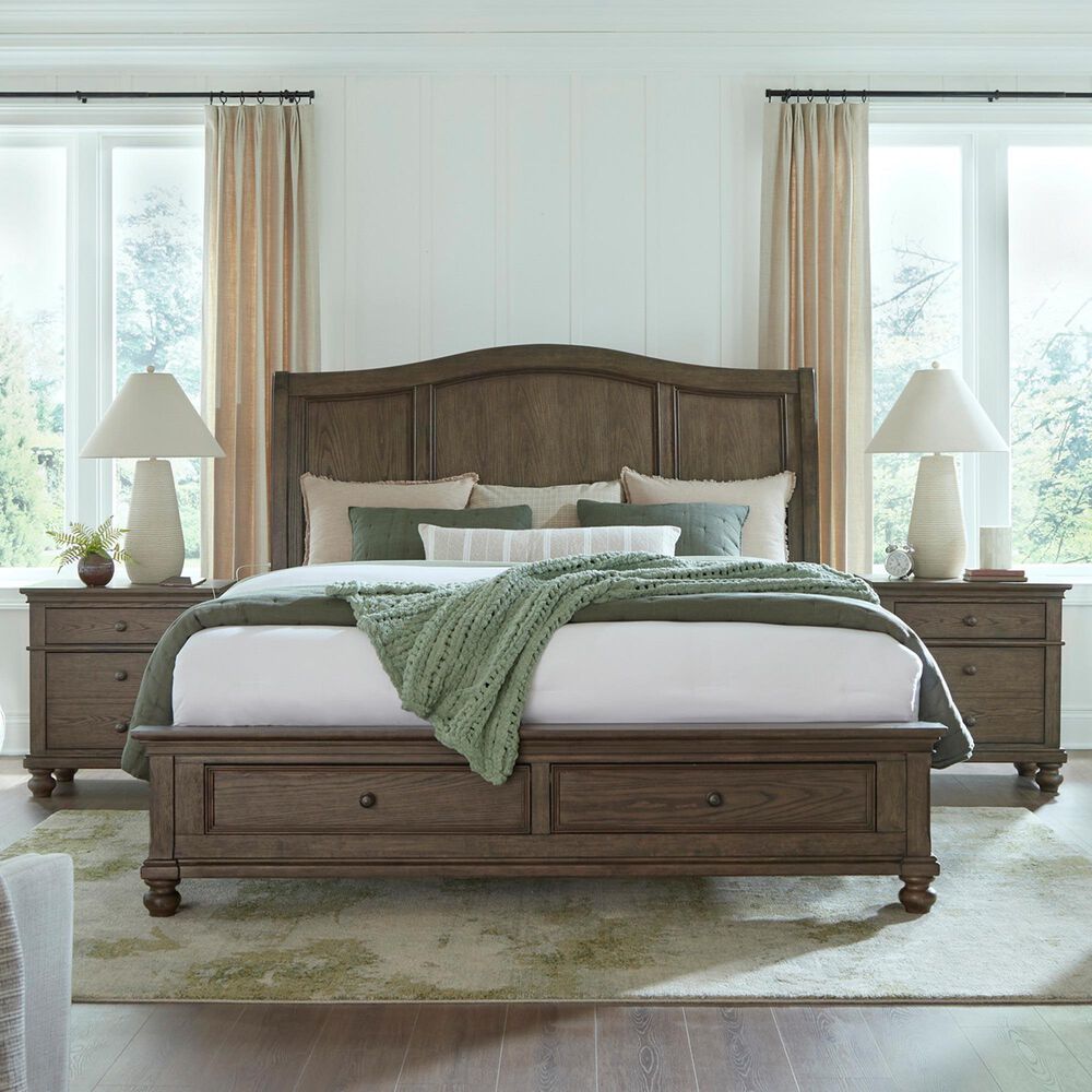 Riva Ridge Oxford California King Sleigh Storage Bed with Two Nightstands in Cocoa with AC Outlets and USB Ports, , large