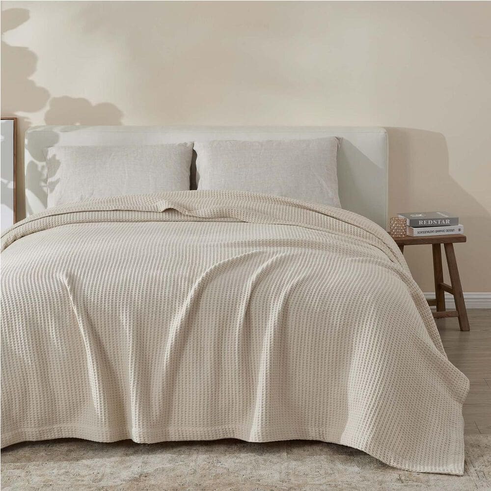 Trade Linker Full/Queen Waffle Weave Knit Throw Blanket in Stone, , large