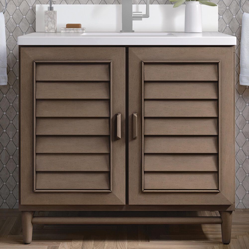 James Martin Vanities Portland 36&quot; Single Bathroom Vanity in Whitewashed Walnut with Single Hole 3 cm White Zeus Quartz Top and Rectangular Sink, , large
