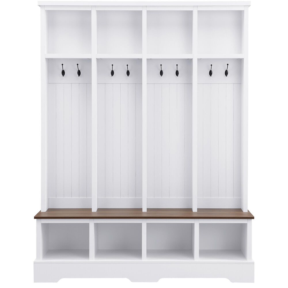 HOMLUX 8-Hook Hall Tree with Entryway Bench in White and Walnut, , large