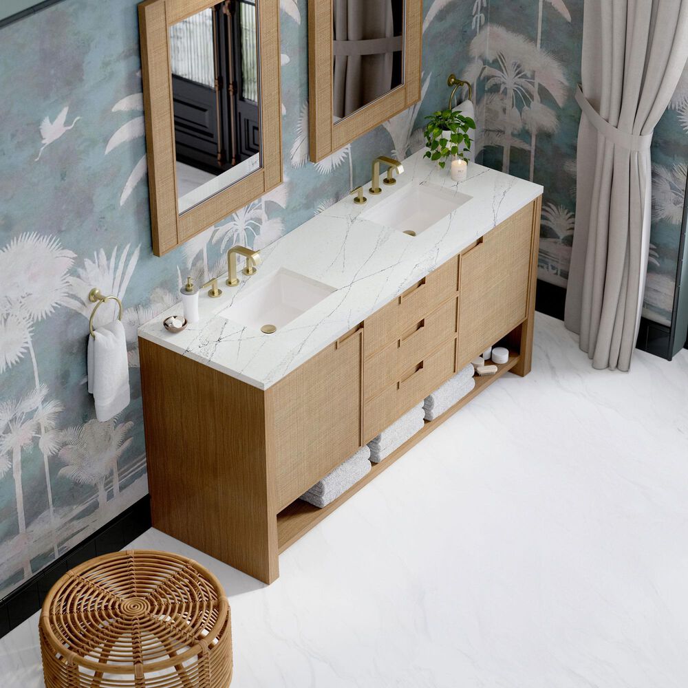 James Martin Vanities Solene 72" Double Bathroom Vanity in Seaside Oak with 3 cm Ethereal Noctis Quartz Top, Rectangular Sinks and FreePower Wireless Charger, , large