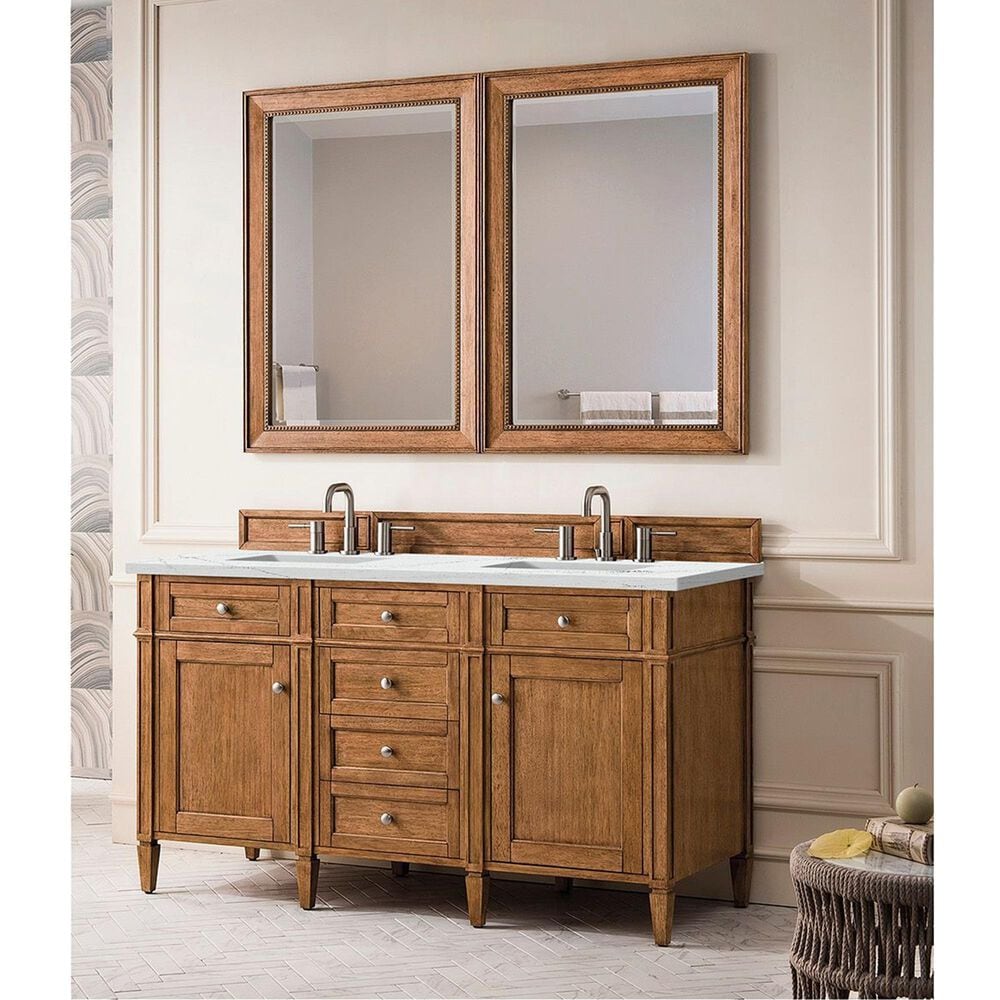 James Martin Vanities Brittany 60&quot; Double Bathroom Vanity in Saddle Brown with 3 cm Ethereal Noctis Quartz Top and Rectangular Sinks, , large