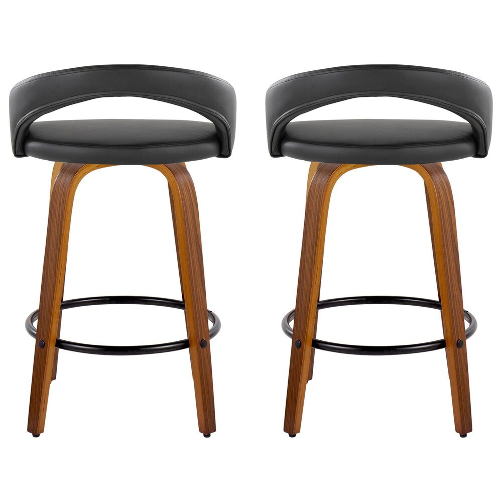 LumiSource Grotto 26" Swivel Counter Stool with Black Faux Leather Upholstery in Walnut and Black (Set of 2), , large