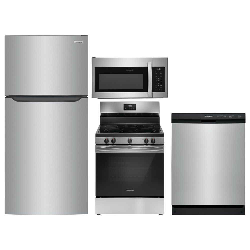 Frigidaire 4 Piece Kitchen Package with 18.3 Cu. Ft. Top Freezer Refrigerator, 30" Freestanding Electric Range, 1.8 Cu. Ft. OTR Microwave, and 24" Energy Star Built-In Dishwasher in Stainless Steel, , large