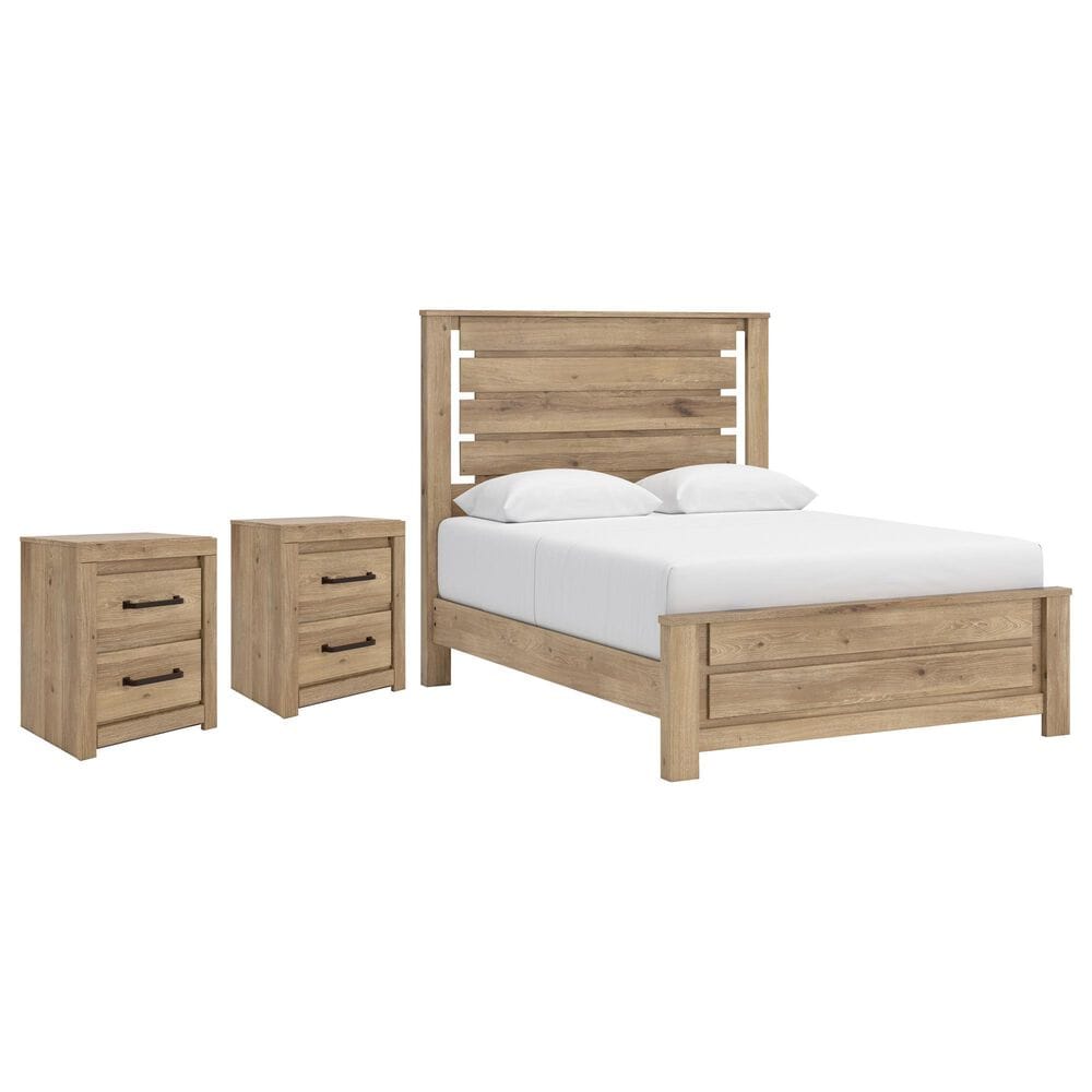 Ashley Brozmont Queen Platform Panel Bed with Two Nightstands in Natural Brown, , large
