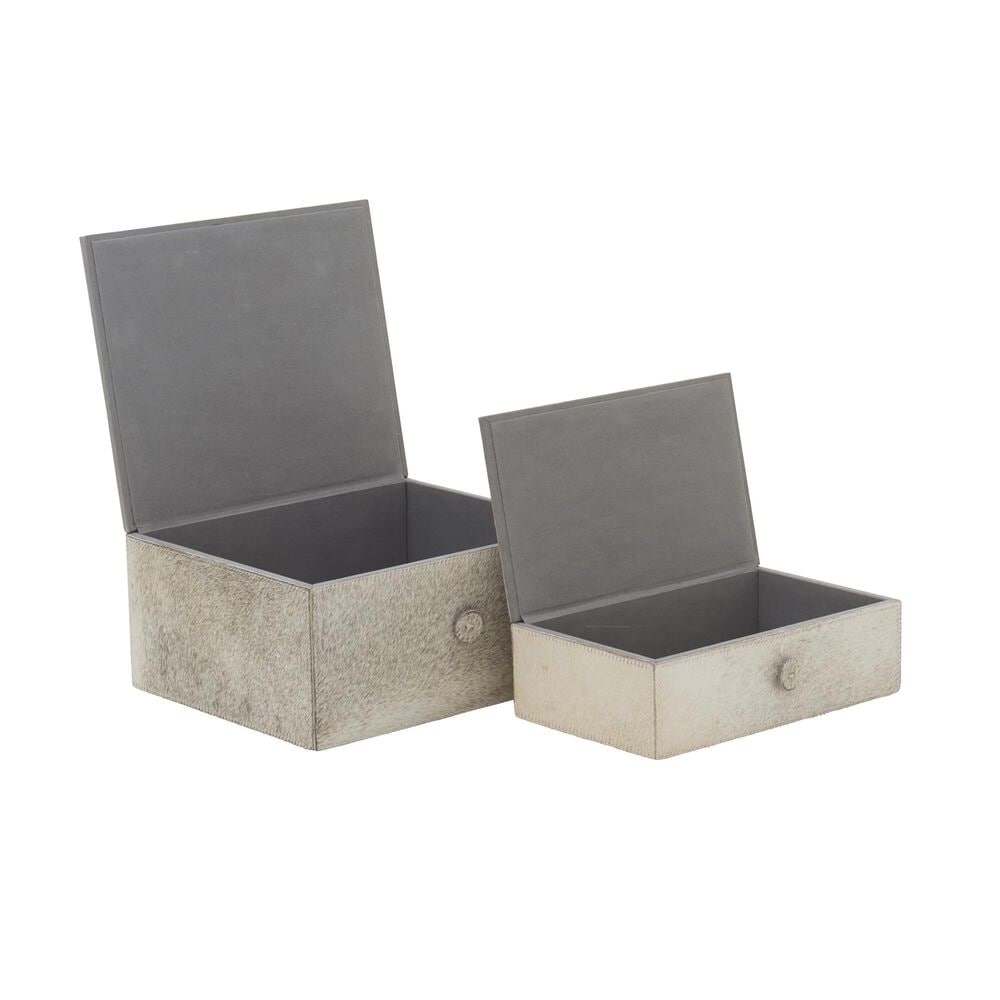 Maple and Jade 2-Piece Handmade Cowhide Decorative Box Set with Leather Loop Closure in Gray and White, , large