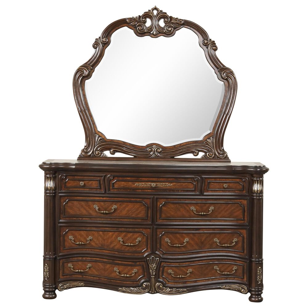 New Heritage Design Bella Note 5-Piece King Sleigh Bedroom Set in Mahogany Brown and Antique Gold, , large