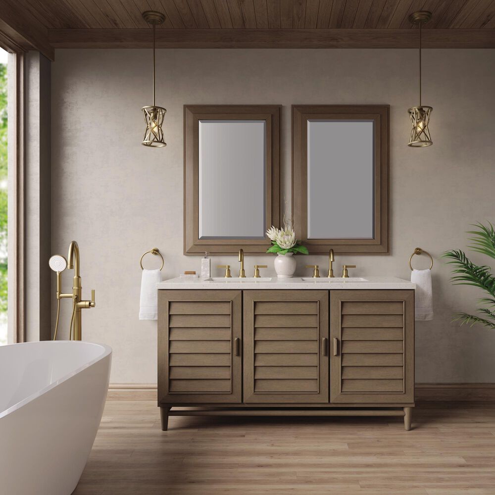 James Martin Vanities Portland 60&quot; Double Bathroom Vanity in Whitewashed Walnut with 3 cm Lime Delight Quartz Top and Rectangular Sinks, , large