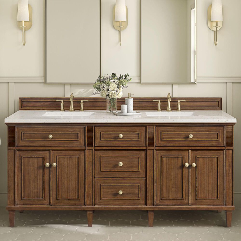 James Martin Vanities Lorelai 72&quot;Double Vanity in Mid-Century Walnut with 3 cm Lime Delight Quartz Top, , large