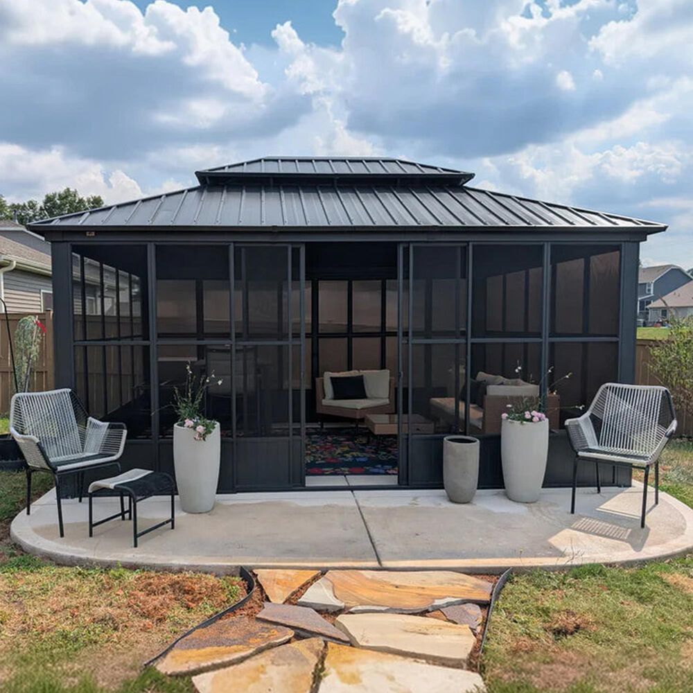 HOMLUX 12' x 16' Outdoor Sunroom Gazebo with Aluminum Frame, Galvanized Steel Roof in Grey, , large