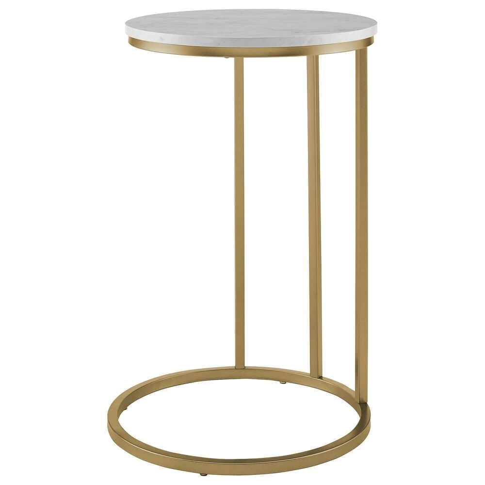 Walker Edison Round End Table in Faux White Marble and Gold, , large