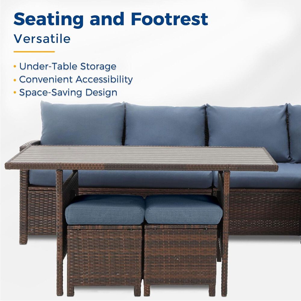 Hearth and Haven 7-Piece Outdoor Dining Set with Blue Cushion in Brown, , large
