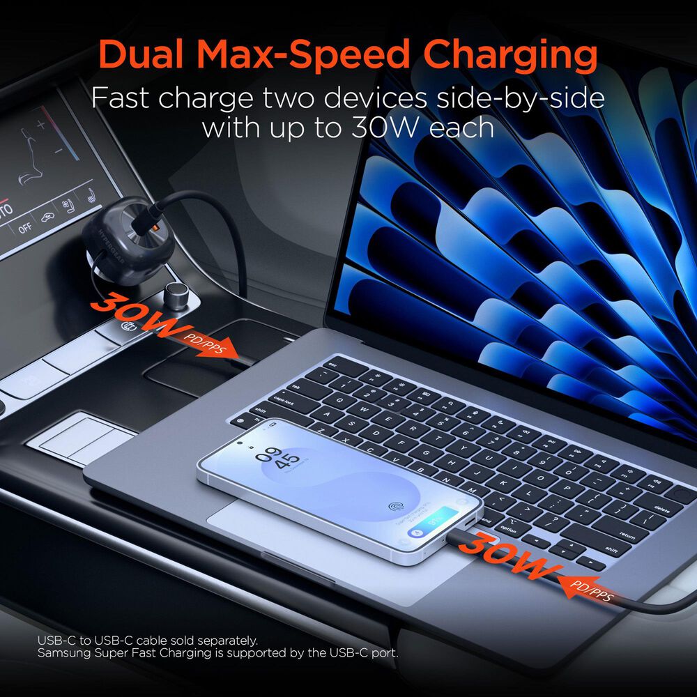 Hypercel SpeedBoost 3-in-1 Fast Car Charger with Retractable 30W USB-C PD Cable in Black, , large