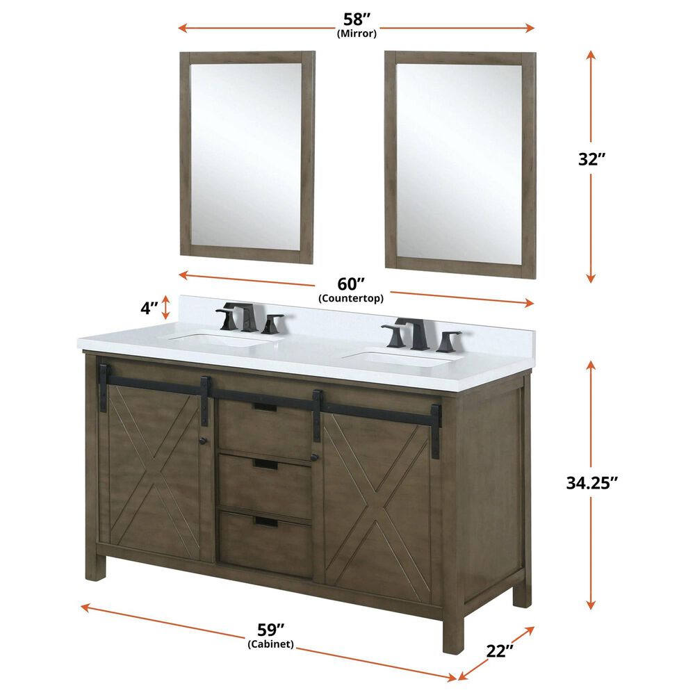 Lexora Home Marsyas 60&quot; Double Bathroom Vanity in Rustic Brown with White Quartz Top and Rectangular Sinks, , large