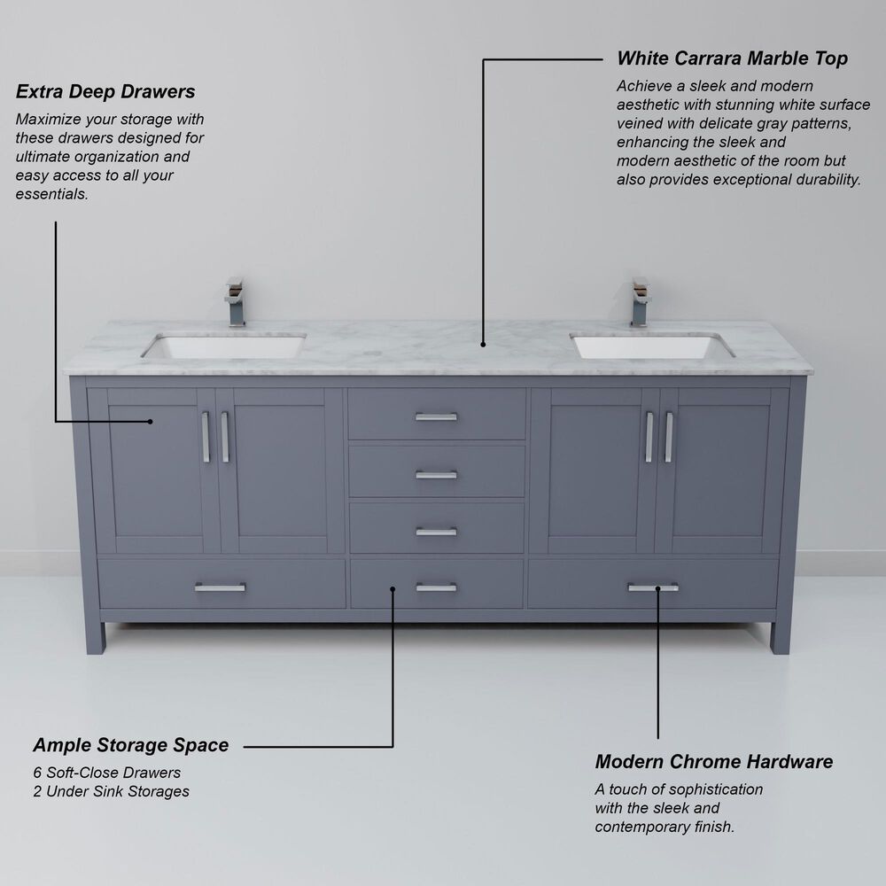 Lexora Home Jacques 72&quot; Double Bathroom Vanity in Dark Grey with 2 cm White Carrara Marble Top and Rectangular Sinks, , large