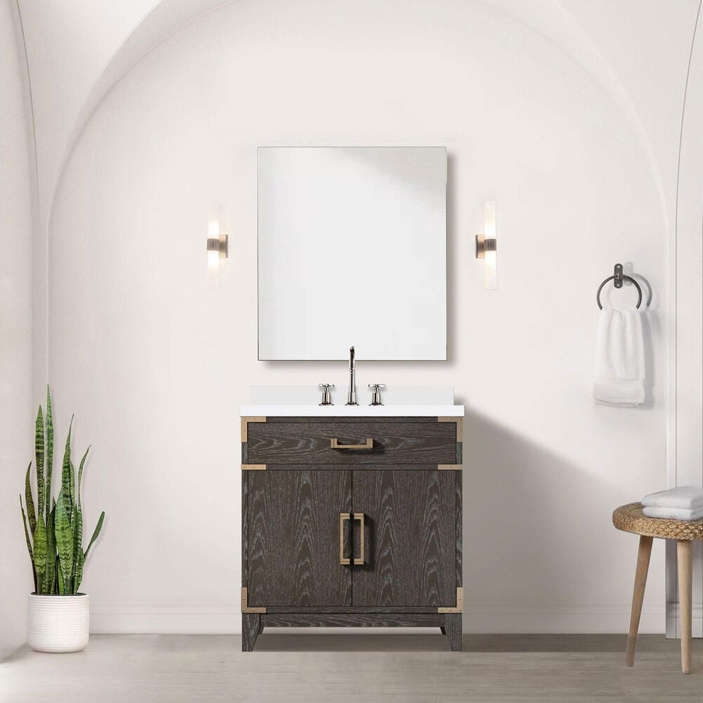 Lexora Home Laurel 30&quot; Single Bathroom Vanity in Brown Oak with White Quartz Top and Rectangular Sink, , large
