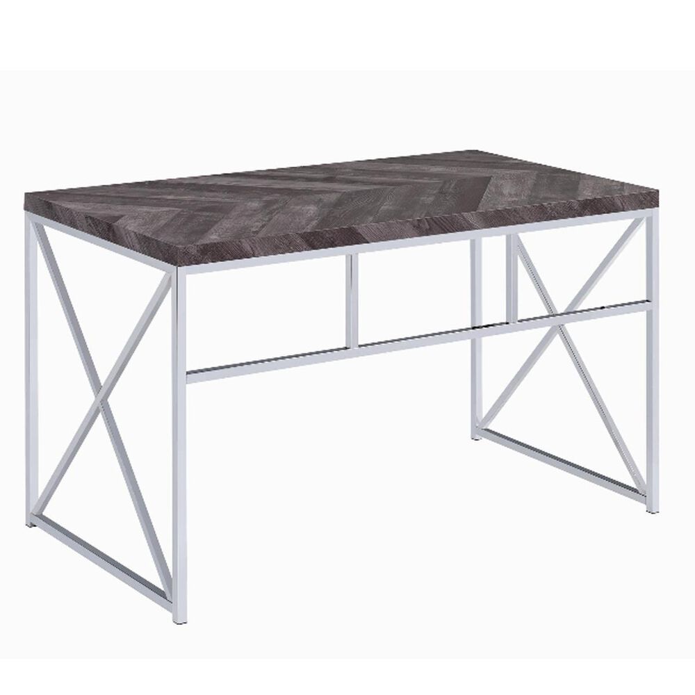 Pacific Landing Grimma Writing Desk in Rustic Grey Herringbone and Chrome, , large