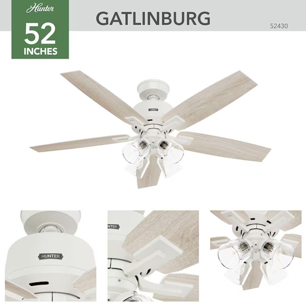 Hunter Gatlinburg Easy Install 52&quot; LED Indoor Ceiling Fan with Light and Remote in Matte White with Light Oak Blades, , large