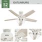 Hunter Gatlinburg Easy Install 52" LED Indoor Ceiling Fan with Light and Remote in Matte White with Light Oak Blades, , large