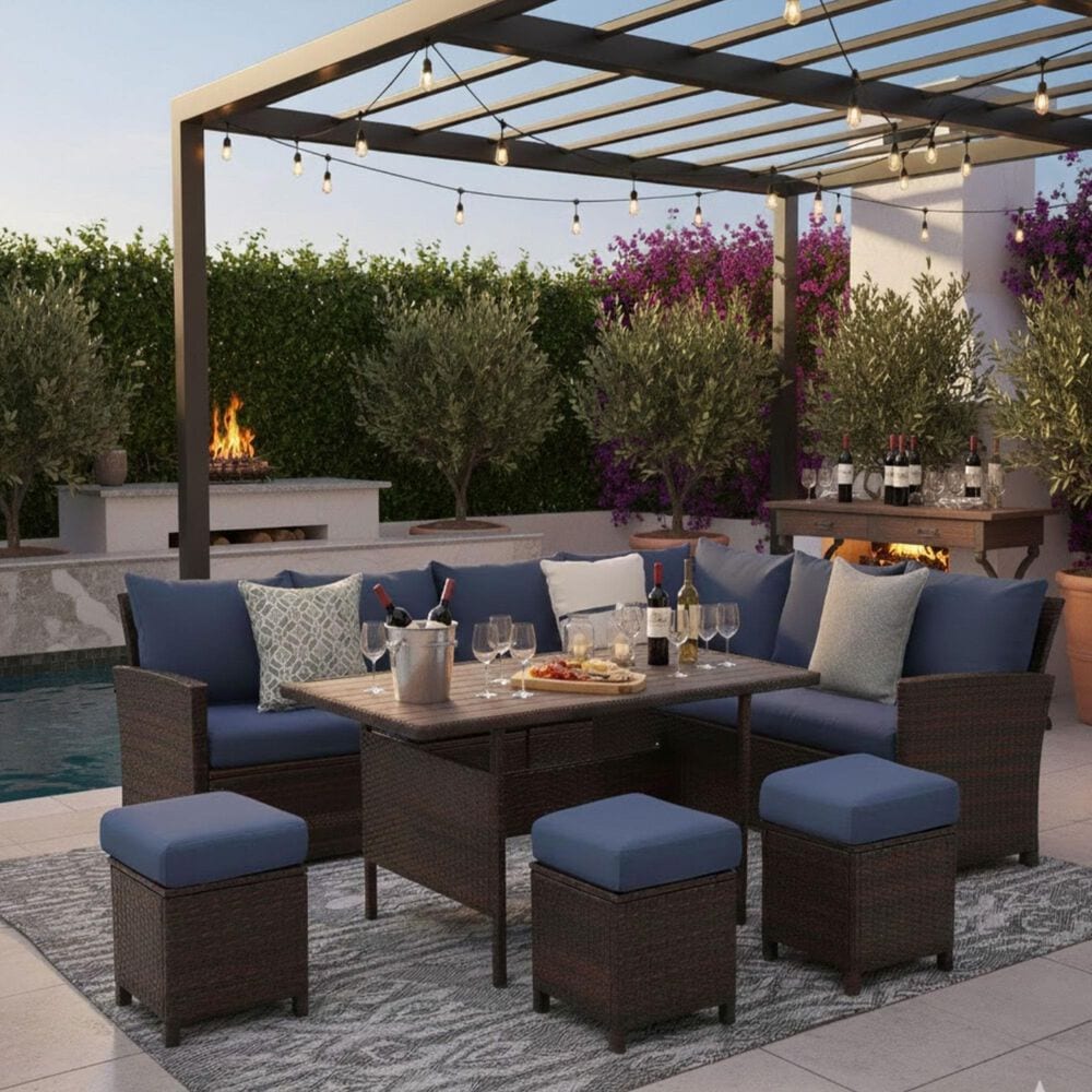 Hearth and Haven 7-Piece Outdoor Dining Set with Blue Cushion in Brown, , large
