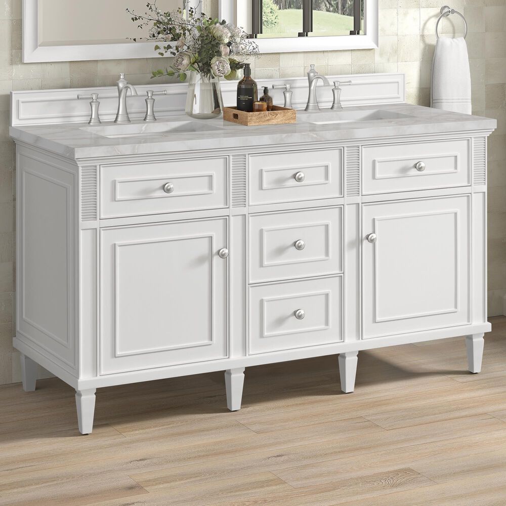 James Martin Vanities Lorelai 60" Double Bathroom Vanity in Bright White with 3 cm Ethereal Noctis Silestone Top, Rectangular Sinks and FreePower Wireless Charger, , large