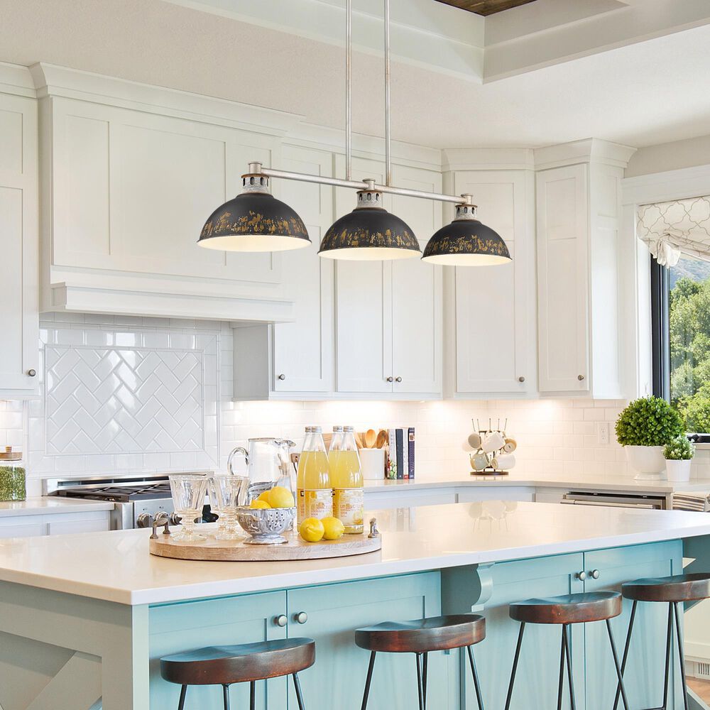 Golden Lighting Kinsley 3-Light Linear Pendant with Antique Black Iron Shade in Aged Galvanized Steel, , large