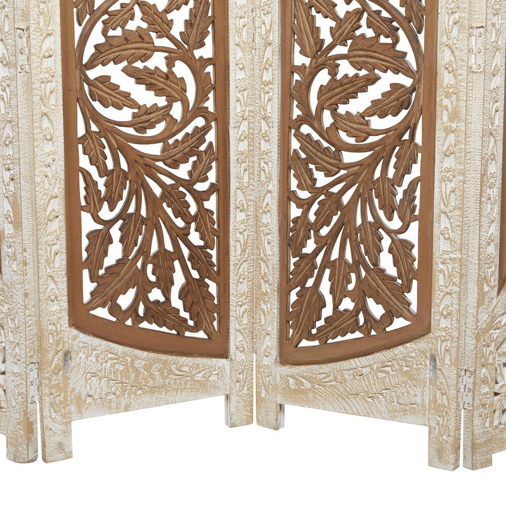 Maple and Jade 4-Panel Partition Room Divider Screen with Carved Designs in Brown and White, , large
