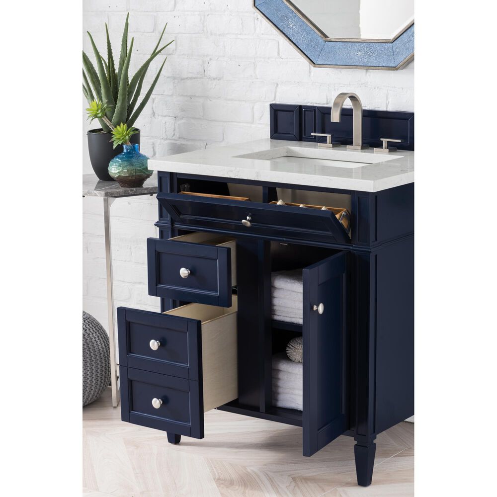 James Martin Vanities Brittany 30&quot; Single Bathroom Vanity in Victory Blue with 3 cm Eternal Jasmine Pearl Quartz Top and Rectangle Sink, , large