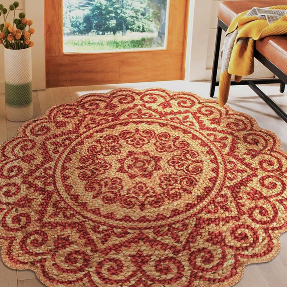 L&amp;R Resources Synergy 54125RED 4&#39; Round Tan and Raspberry Red Area Rug, , large