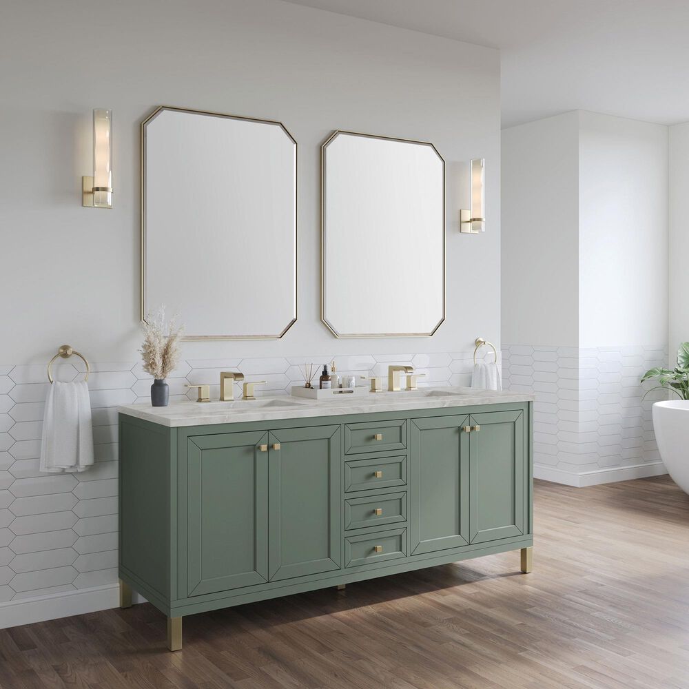 James Martin Vanities Chicago 72" Double Bathroom Vanity in Smokey Celadon with 3 cm Victorian Silver Quartz Top, Rectangular Sinks and FreePower Wireless Charger, , large