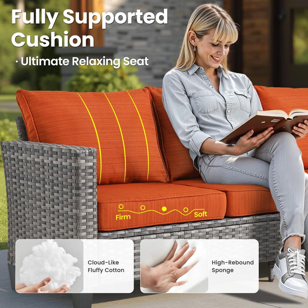 HOMLUX HOMLUX 5-Piece Outdoor Wicker Patio Furniture Set, High Back Rattan Sofa with Chairs, Ottomans &amp; Cushions in Orange Red, , large