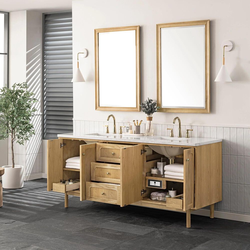James Martin Vanities Laurent 72&quot; Double Bathroom Vanity in Light Natural Oak with 3 cm Carrara White Marble Top and Rectangular Sinks, , large