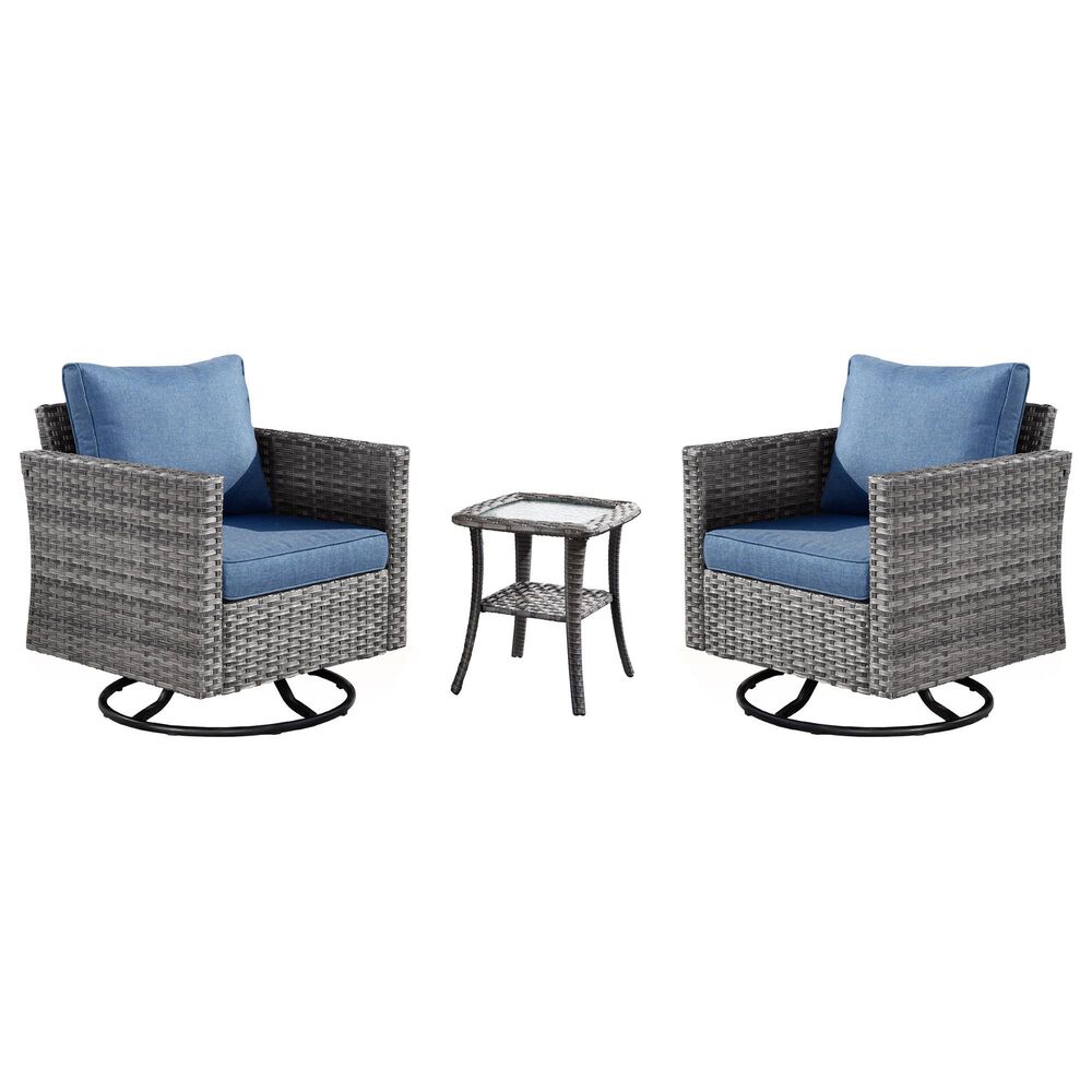 HOMLUX 3-Piece Patio Conversation Set with Square-Arm Swivel Rocking Chairs in Denim Blue, , large