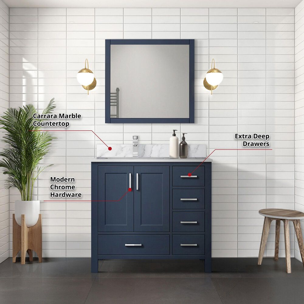 Lexora Home Jacques 36&quot; Left Offset Single Bathroom Vanity in Navy Blue with 2 cm White Carrara Marble Top and Rectangular Sink, , large