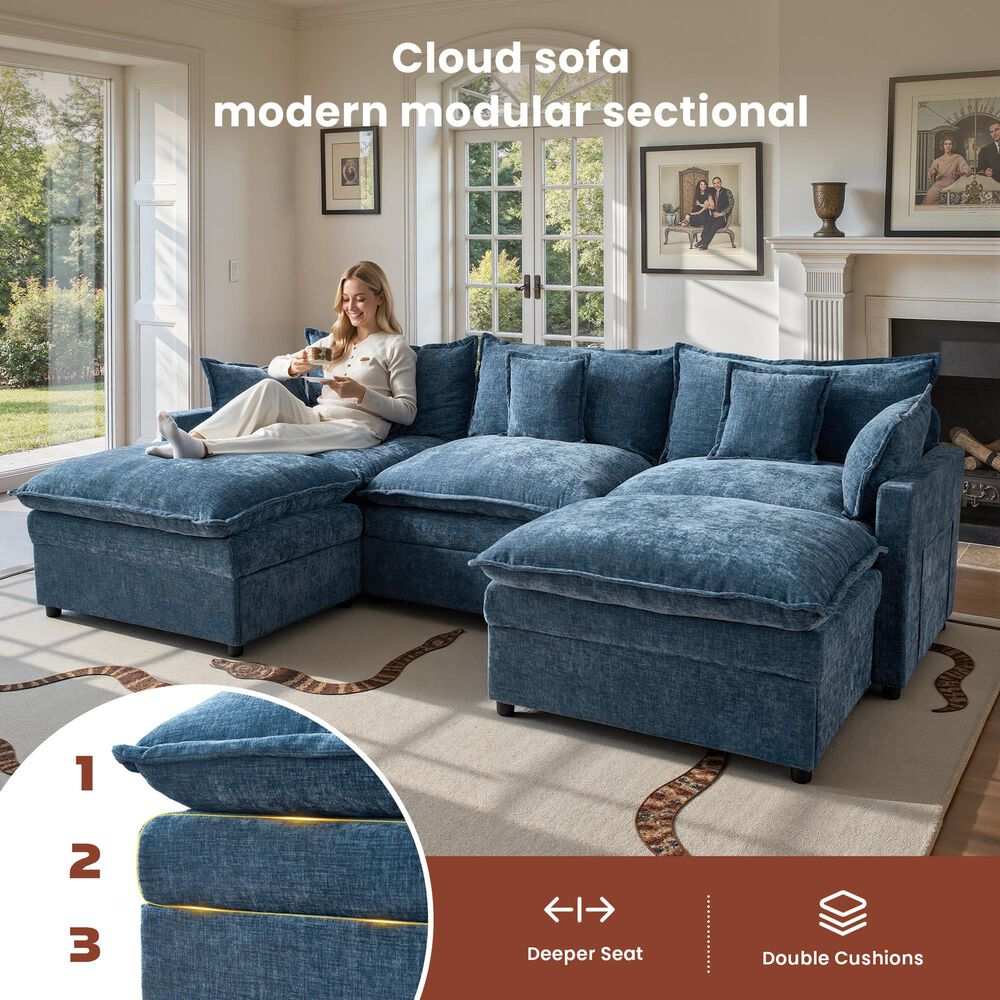 HOMLUX 107.87" Ultra-Comfort Chenille Sectional Sofa Set in Blue, , large