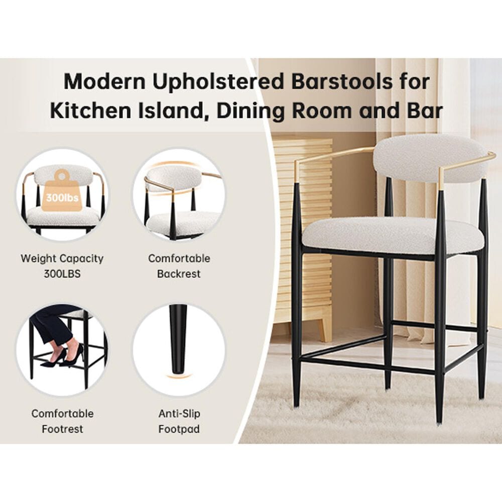 Morden Fort 26" Counter Stool with White Cushion in Black and Gold (Set of 2), , large
