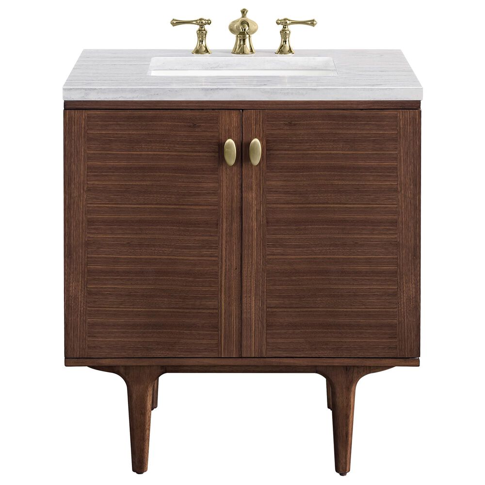 James Martin Vanities Amberly 30" Single Bathroom Vanity in Walnut with 3 cm Arctic Fall Solid Surface Top and Rectangular Sink, , large