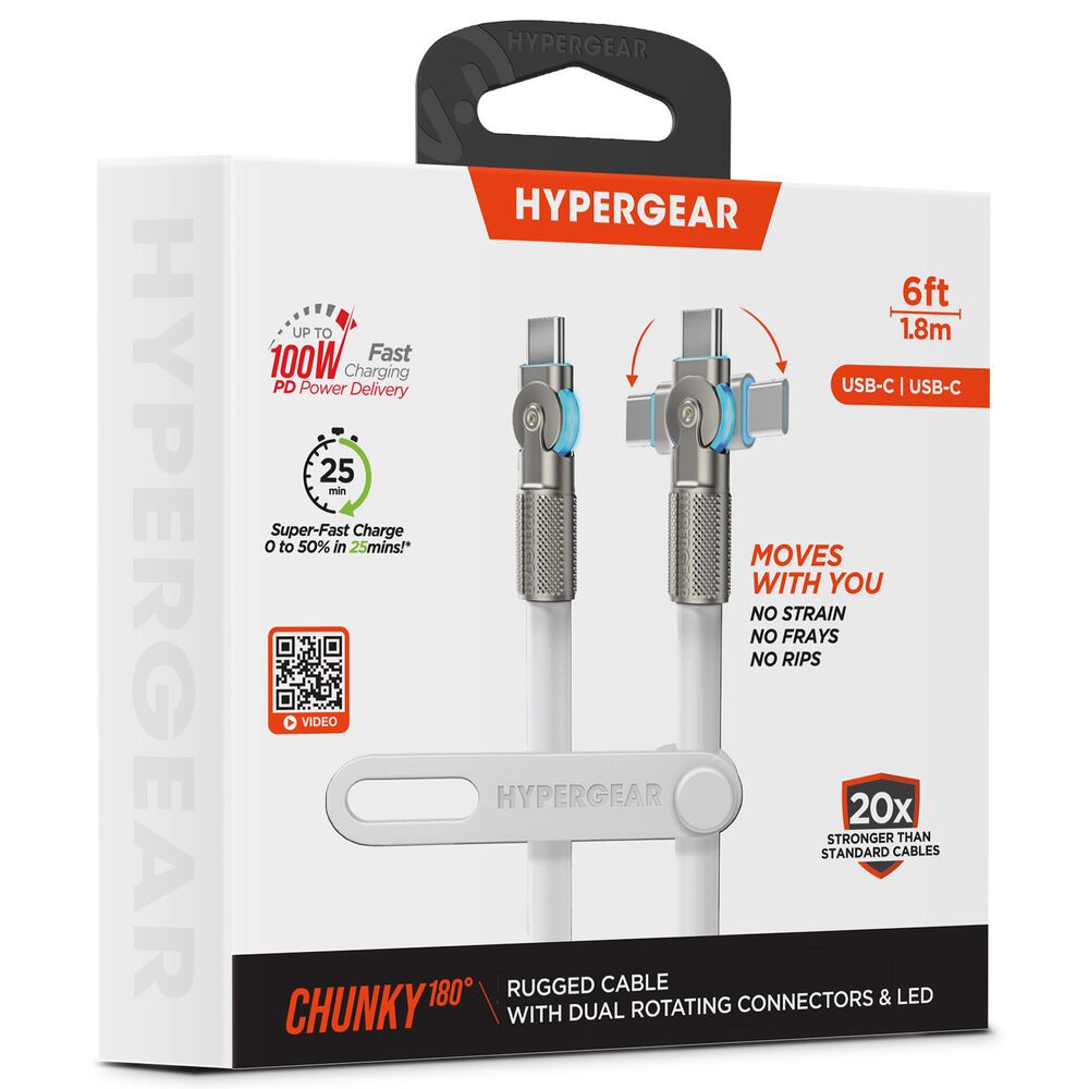 Hypercel Chunky 180 Degrees 6" USB-C to USB-C Cable in White, , large