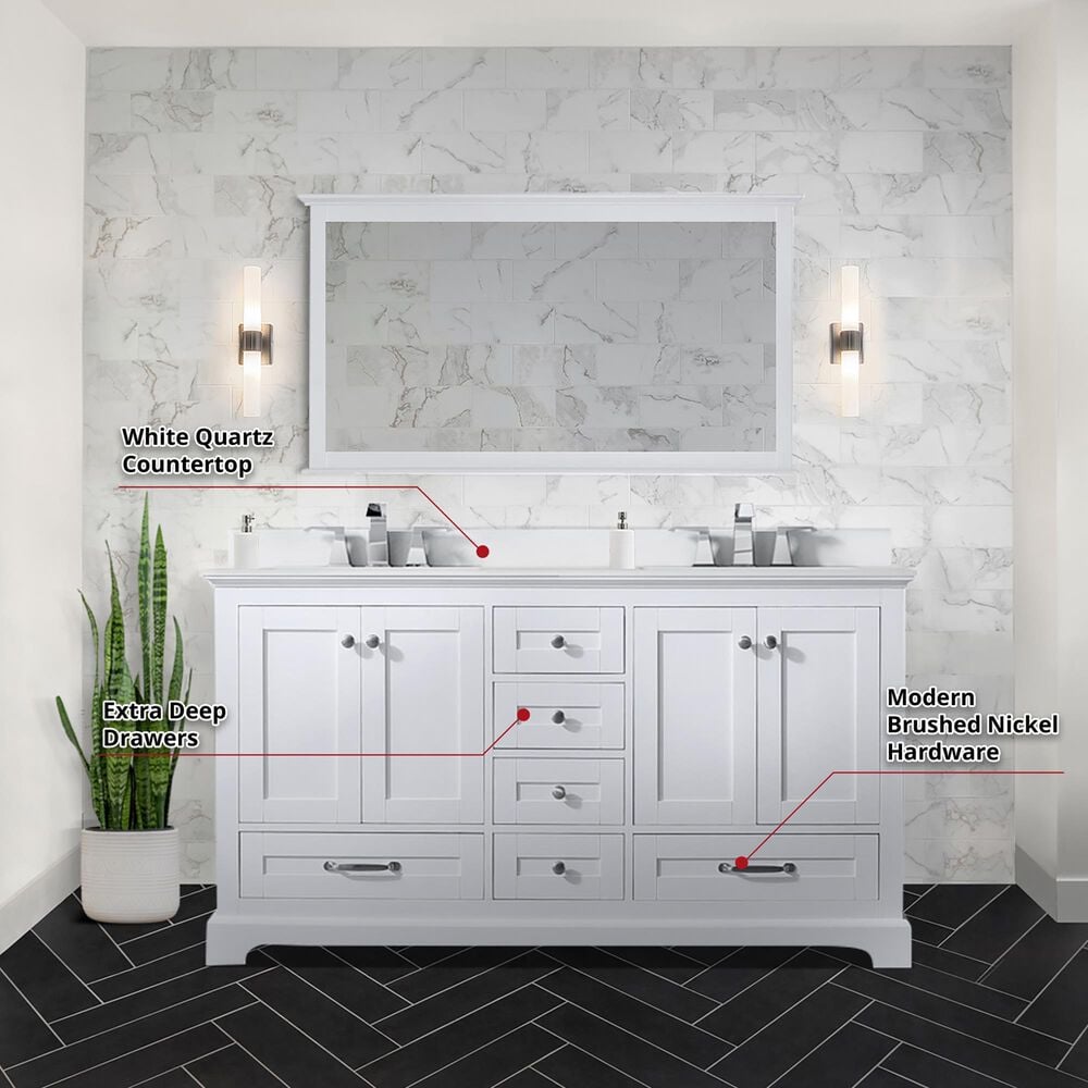 Lexora Home Dukes 60&quot; Double Bathroom Vanity in White with 2 cm White Quartz Top and Rectangular Sinks, , large