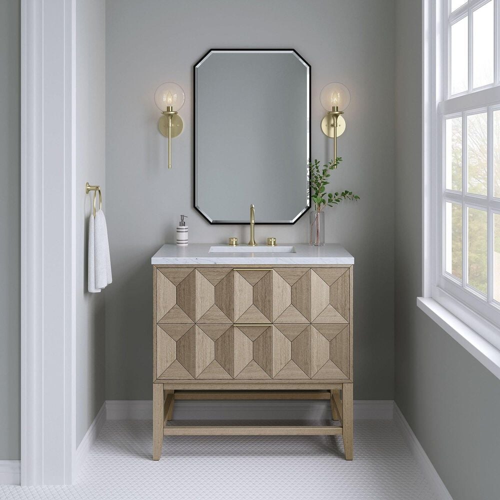 James Martin Vanities Emmeline 36&quot; Single Bathroom Vanity in Pebble Oak with 3 cm Arctic Fall Solid Surface Top and Rectangular Sink, , large