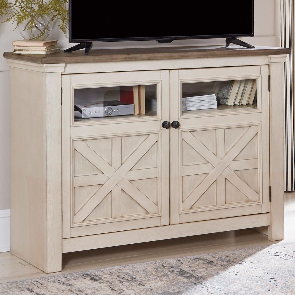 Signature Design By Ashley Bolanburg 50 Tv Stand In Textured White And Weathered Gray Nebraska Furniture Mart