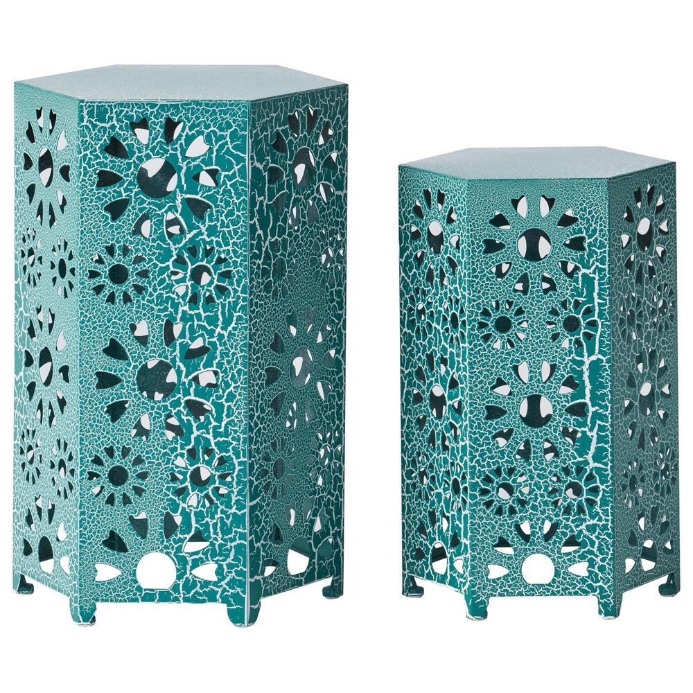 Hearth and Haven Eliana 2-Piece Outdoor Hexagon Metal Side Table Set with Sunburst Cut Out Design in Teal, , large
