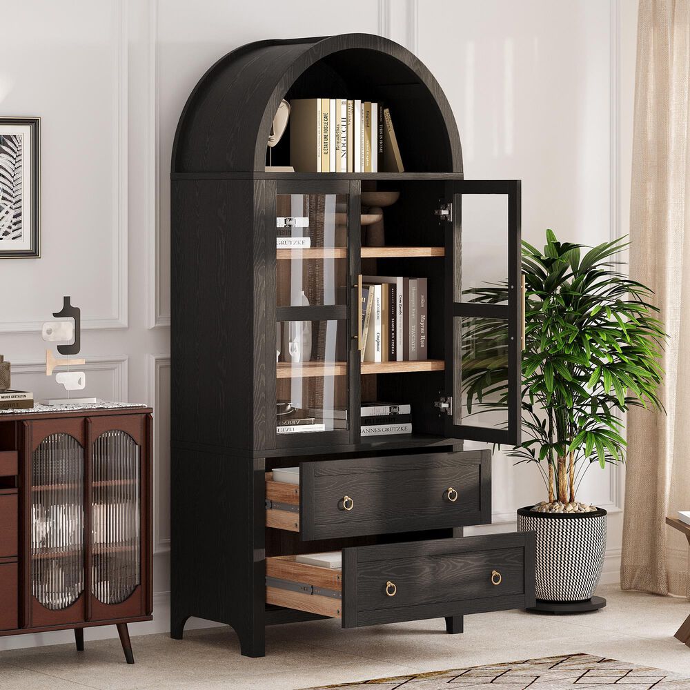 HOMLUX 71" Arched Kitchen Pantry Cabinet in Black, , large