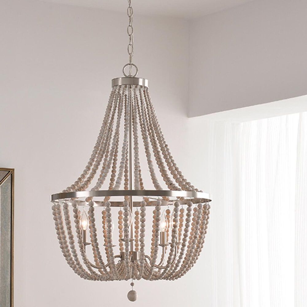Kenroy Dumas 5-Light Chandelier in Brushed Steel with White Wood Beads, , large