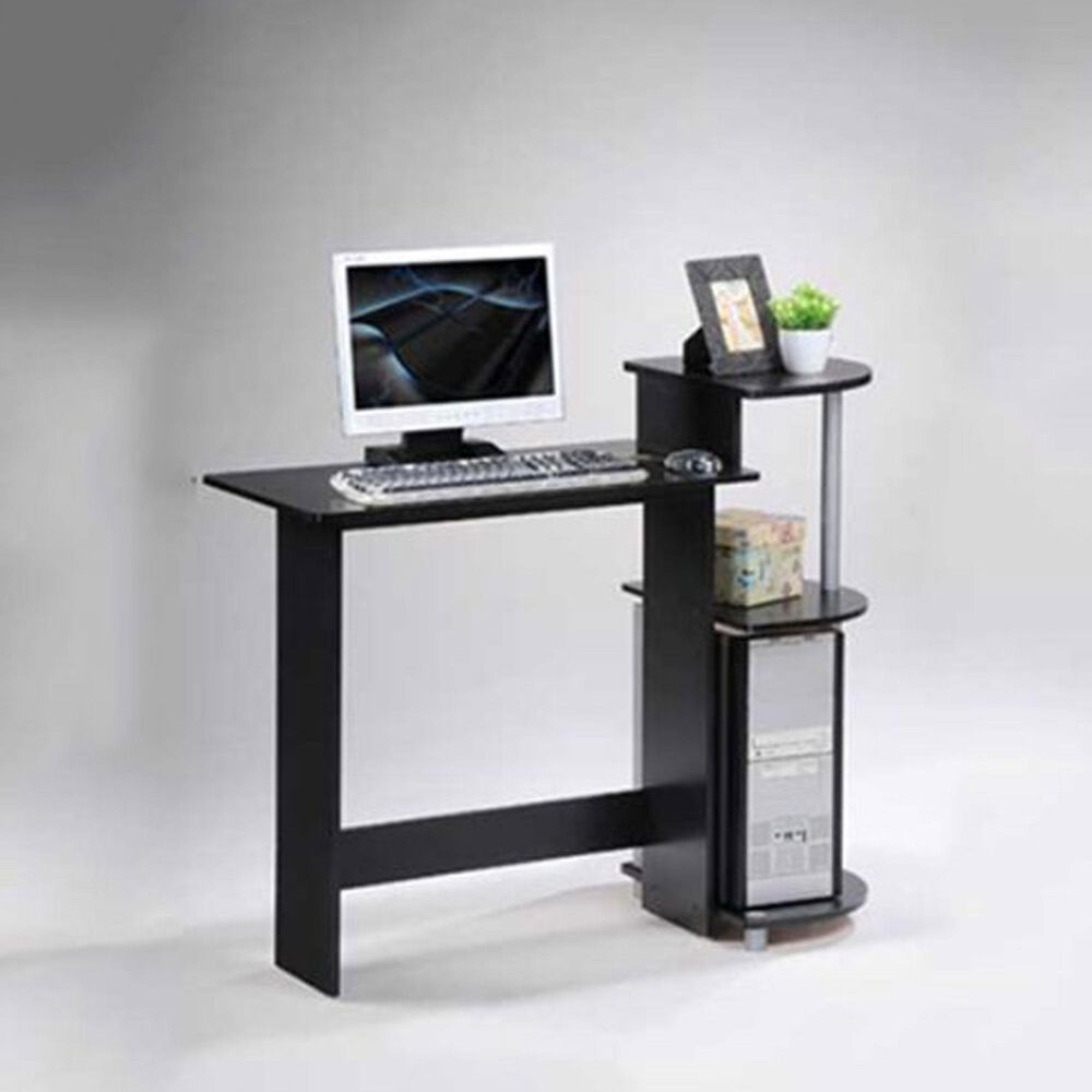HOMLUX Compact Computer Desk with 3 Side Storage Shelves in Black and Grey, , large